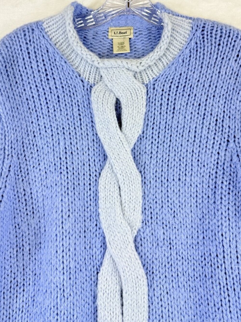 LL Bean XL Sweater Womens Blue Wool Mohair Chunky Cable Knit Roll Neck